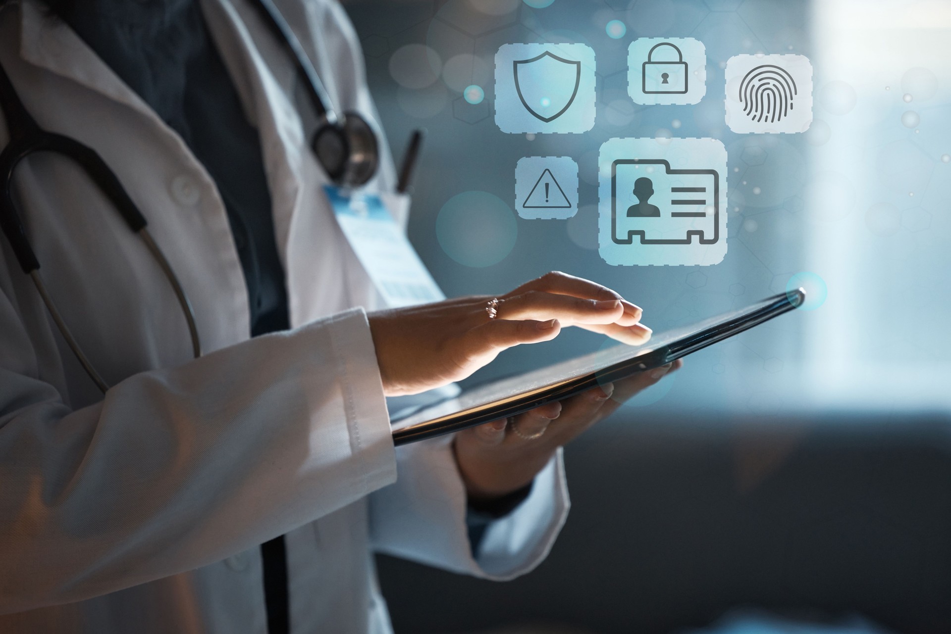 Tablet, overlay and hands of doctor with safety icon, privacy and cybersecurity in healthcare network. Password, hologram and medical person with digital app, biometric lock or data protection system