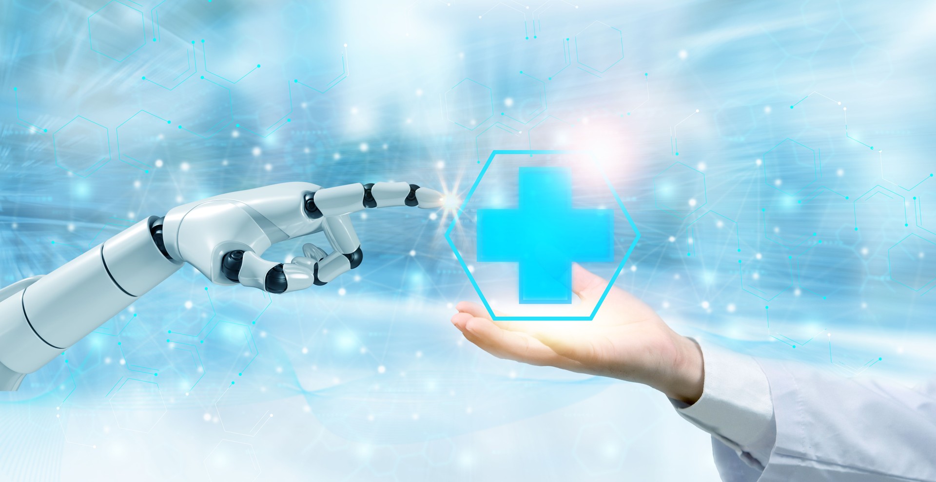 A robotic hand interacting with a digital healthcare symbol, representing the fusion of artificial intelligence and medical technology for future healthcare solutions. AI in modern healthcare.